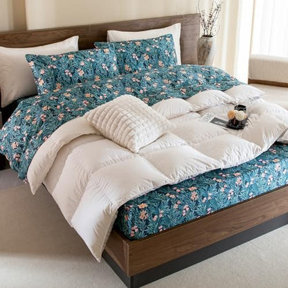 QSH Floral Egyptian Cotton Sheets Queen Size - Elegant Botanical Pattern Printed Bedding Sheets Queen Size Bed Extra Soft and Breathable 4pcs Deep Pockets Bed Sheets