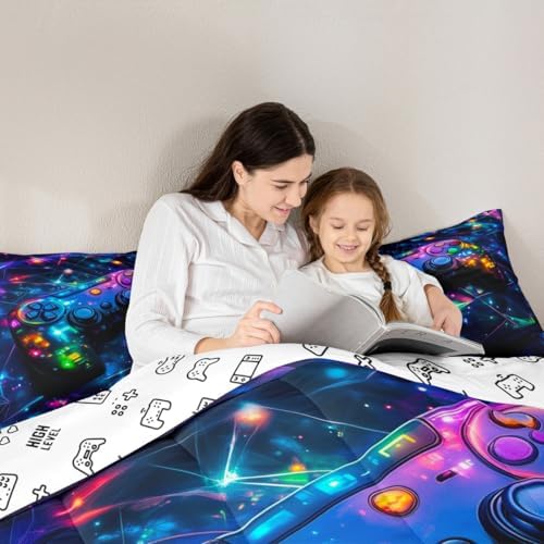 Feelyou Kids Gamer Comforter Set Twin Size, Galaxy Gaming Bedding Set Glitter Game Comforter Boys Girls Gamepad Teens Duvet Set Bedroom Decor Bed Set 2Pcs