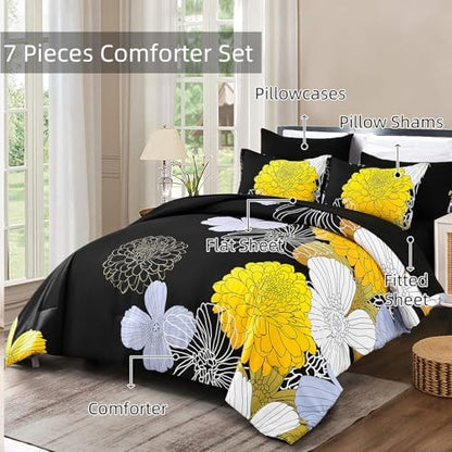 7 Pieces King Yellow Black Comforter Set Bed in a Bag Floral Bedding Set Soft Microfiber Boho Comforter (1 Comforter 1 Flat Sheet 1 Fitted Sheet 2 Pillowshams 2 Pillowcases)