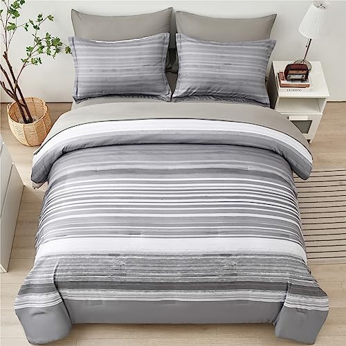 KAKIJUMN Striped Comforter Set Queen Size, 7 Piece Bed in a Bag, Light Grey