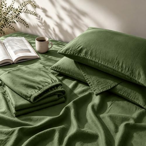 MEISHANG 100% French Linen Sheets King,4 Pcs,16" Deep Pocket