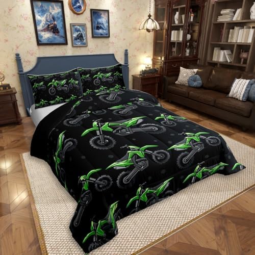 Erosebridal Boys Green Motocross King Bedding Set, Dirt Bike Comforter Set, Racing Motocross Comforter, Cool Motorcycle Black Quilt with 2 Pillowcases for Kids Teens Youth Men Bedroom Decor