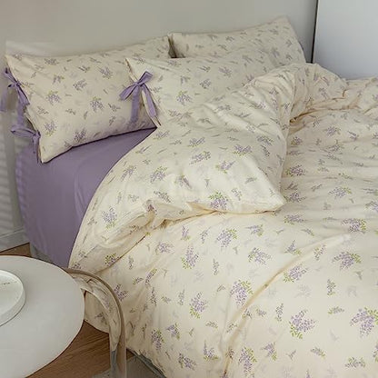 LifeTB Lilac Comforter Set Twin XL Girls Purple Flower Bedding Comforter Vintage Garden Floral Comforter Set Fluffy Soft Botanical Comforter with 2 Bow Ties Pillowcases for Girls Women Twin XL Size