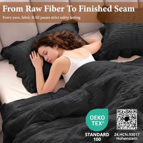 JOLLYVOGUE Black Comforter Full Size, 3 Pieces Seersucker Lightweight Full Size Bedding, All Season Fluffy Microfiber Bedding Comforter Set with 1 Ruffle Comforter and 2 Ruffle Pillowshams