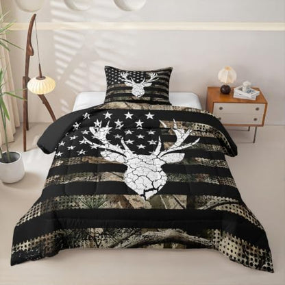 Feelyou Camo American Flag Deer Hunting Comforter Set Toddler Bedding Set