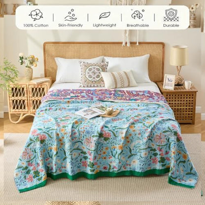 VANJOROY Boho Throw Blanket, 100% Organic Cotton Breathable Skin-Friendly Ultra Soft 80" x 90" Bed Quilt Blue Throw - Floral Rustic Luxury Reversible Blanket for Sofa Couch Chair and Gift,