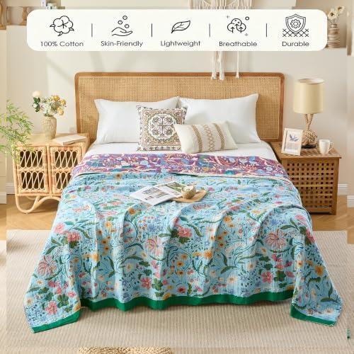 VANJOROY Boho Throw Blanket, 100% Organic Cotton Breathable Skin-Friendly Ultra Soft 60" x 80" Bed Quilt Blue Throw - Floral Rustic Luxury Reversible Blanket for Sofa Couch Chair and Gift,