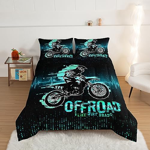 HOSIMA Extreme Sport Theme Comforter Motorcycle Queen Size Bed in a Bag for Boys Kids Teens,Dirt Bike Tournment Kids Game Room Decor,Motocross Rider Black Comforter with 2 Pillowcases.