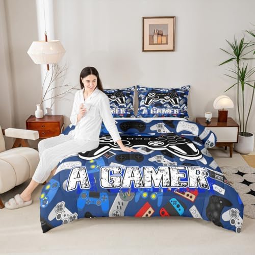 Homewish Cartoon Gamepad Bedding Set King Size,Video Games Comforter Set 3Pcs for Kids Teens Boys Girls Room Decor,Navy Blue Gaming Board Quilted Duvet Modern Fashion Down Comforter,2 Pillowcases
