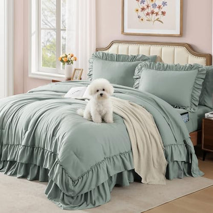 California King Comforter Set Sage Green Ruffle 7 Pieces Bed in a Bag