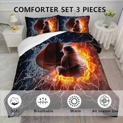 Axolotl Boxing Bedding Set King,Sports Theme Comforter Set,3Pcs Boxing Gloves Bedding,Red Blue Cool Lightning Comforter,Pugilism Games Bed for Kids Boys Teens Men,1 Quilt 2 Pillowcases