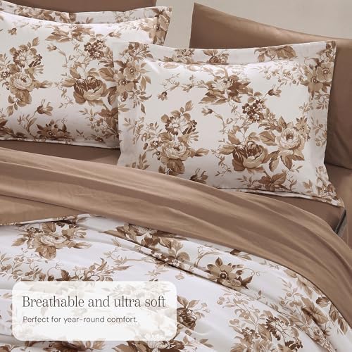 BLOOMHAVEN Full Size Comforter Sets-7 Pieces Brown Floral Bed in a Bag