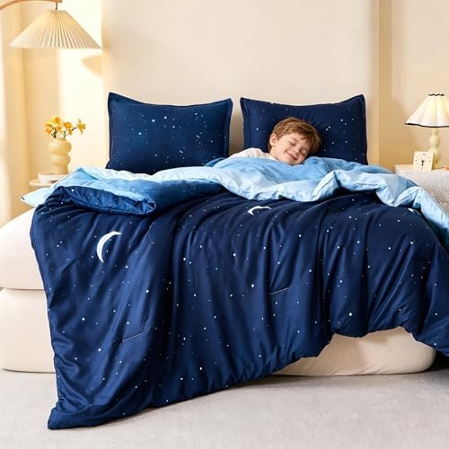 Caressma Blue Starry Sky Comforter Set Moon Galaxy King Size 3 Pieces