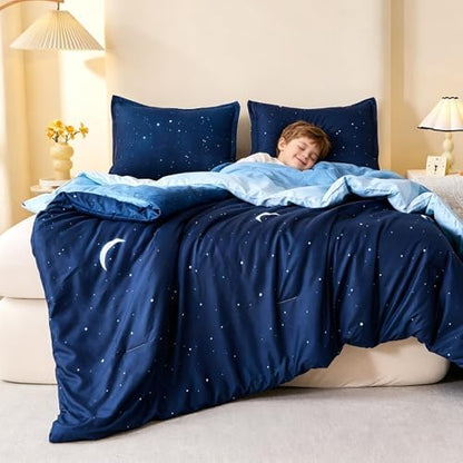 Caressma Blue Starry Sky Comforter Set Moon Galaxy King Size 3 Pieces