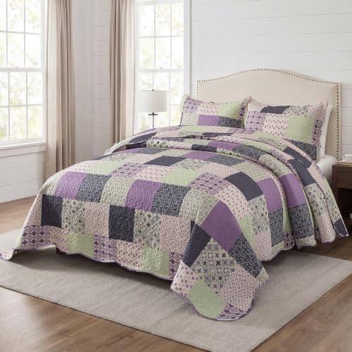HoneiLife Quilt Sets King Size - Microfiber Quilts 3-Pieces, Lightweight Bedspreads for King Bed Use, Checkered Coverlets Vintage Bed Cover King Quilt Bedding Set All Season Quilts