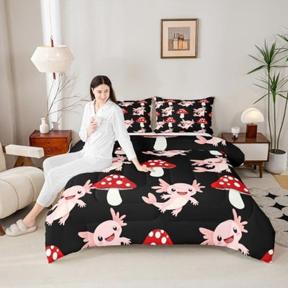 Erosebridal Cute Mushroom Down Comforter Queen Kawaii Coastal Axolotl Bedding Set for Kids Girls Women Pink Axolotl Red Mushrooms Comforter Set Fish Botanical Plant Bedding Quilted 3 Pcs