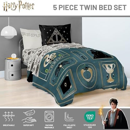 Harry Potter Twin Comforter Set 5 Piece Soft Fantasy Bedding, Blue