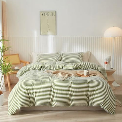 LifeTB King Size Comforter Set Modern Striped Comforter Set King Green White Stripes Pattern Comforter 3 Pieces Lightweight Bedding Comforter Set Boho Stripe Soft Fluffy Comforter with 2 Pillowcases