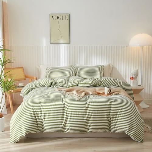 Striped Comforter Set Queen Size 3 Pieces Lightweight Striped Bedding Comforter Set Green White Stripes Pattern Farmhouse Bed Set Soft Fluffy Comforter with 2 Pillowcases for All Seasons Queen Size