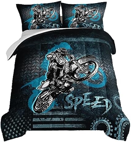 HOSIMA Dirt Bike Comforter Motocross Rider Bedding Set for Race Car Bed,American Flag Motorbike Twin Comforter Extreme Sport Bedding Set for Boys Teens Mens Bedroom Essentials.