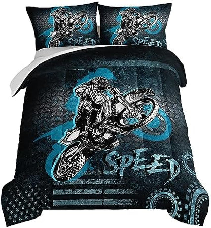 HOSIMA Dirt Bike Comforter Motocross Rider Bedding Set for Race Car Bed,American Flag Motorbike Comforter Full Size Extreme Sport Bedding Set for Boys Teens Mens Bedroom Essentials.