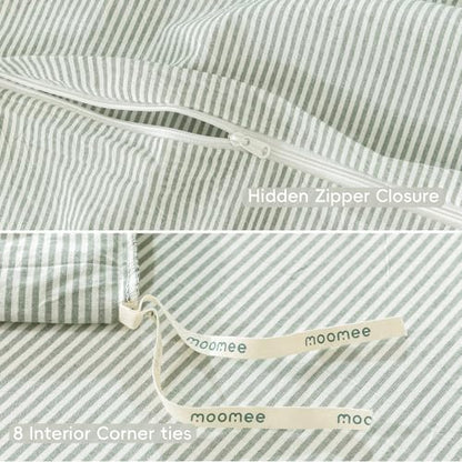 MooMee Striped Duvet Cover Set 100% Washed Cotton Linen Like Alaska King