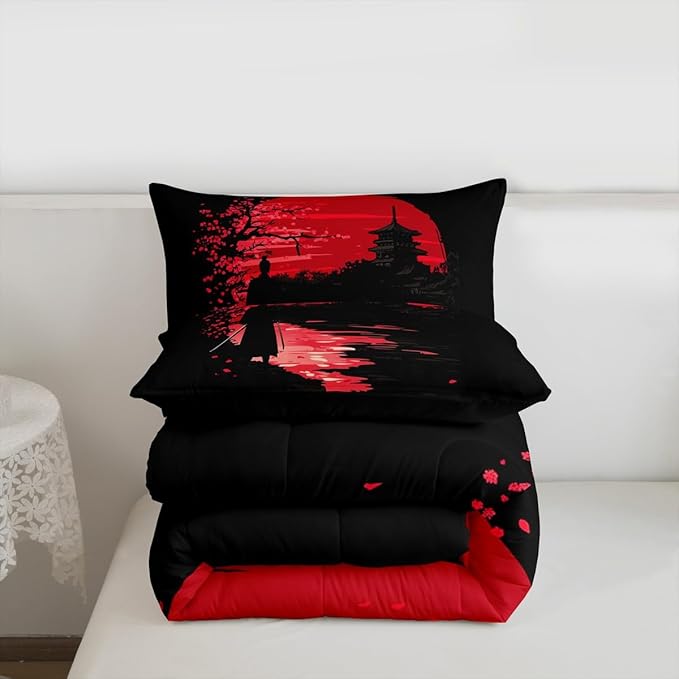 Erosebridal Samurai Comforter Set, Sunset Bedding Set, Japanese Samurai Warm Soft Down Comforter, Scenery Silhouette Bedroom Decor 3Pcs Duvet Set for Men Boys Teens, Queen Size
