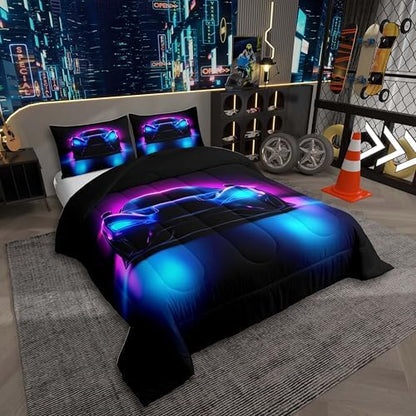 Erosebridal Boys Race Car King Size Bedding Set Kids Racing Car Comforter Extreme Sport Gaming Comforter Set for Boys Cool Car Room Decor Car Sports Quilt Set with 2 Pillowcases,Purple Blue and Black