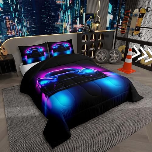 Boys Sports Car Comforter,Cool Blue Purple Race Car Bedding Set Toddler Size for Kids Boys Teens,3D Racing Cars Bedding Comforter Sets,Extreme Sports Theme Quilt Racing Games Race Cars Room Decor
