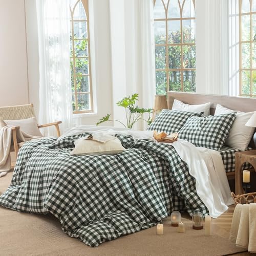 MooMee Gingham Duvet Cover Set 100% Washed Cotton Linen Like
