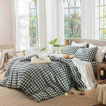 MooMee Gingham Duvet Cover Set 100% Washed Cotton Linen Like