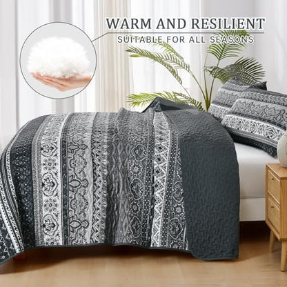 WONGS BEDDING Boho King Quilt Bedding Set, 3 Pieces Bedspread, Black