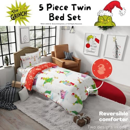 Grinch by Dr. Seuss Holiday & Christmas Bedding Soft Comforter and Sheet Set with Sham, 5 Piece Twin Size, (Official Dr. Seuss Product) by Franco
