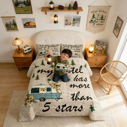 Manfei Happy Camping Comforter Set Full Size,Camper RV Trailer Decor Bedding 3pcs for Kids Boys Girls Adults,Pine Trees Wilderness Adventure Down Comforter,Beige Fashion Duvet Insert,2 Pillowcase
