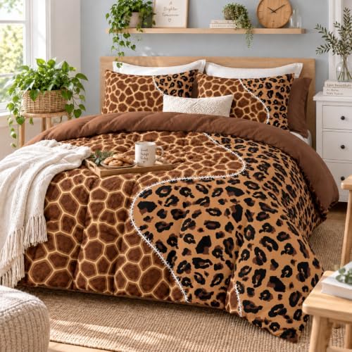 CCoutueChen Leopard Giraffe Comforter Set, Brown, King, 3 Piece