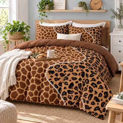 CCoutueChen Giraffe Leopard Comforter Set Full, Brown Animal Print Bedding