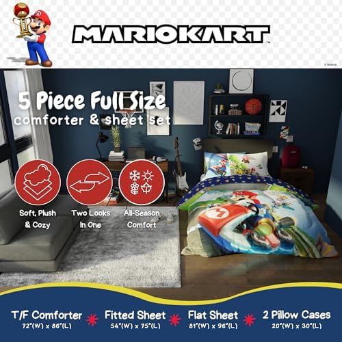 Super Mario Kart Game Kids Bedding Set, Full Size, 5-Piece Super Soft Cozy Reversible Comforter & Sheet Set (Officially Licensed Product) by Franco