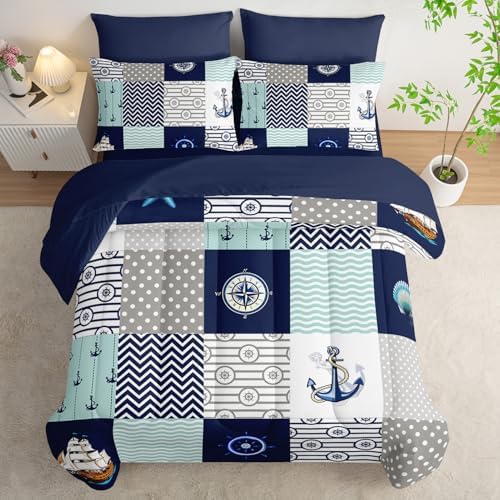 HOSIMA 7Pcs Nautical Twin Comforter Set with Sheets Ocean Themed Bedding.