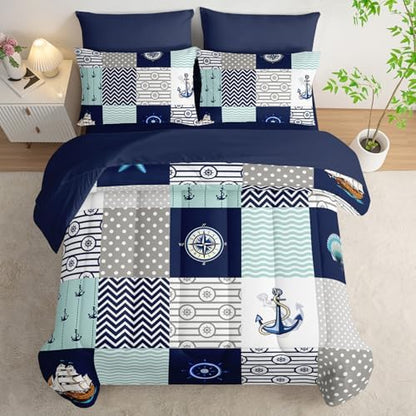 HOSIMA 7Pcs Nautical Twin Comforter Set with Sheets Ocean Themed Bedding.