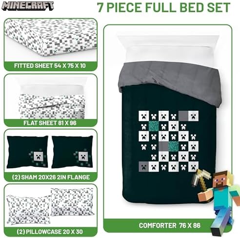 Minecraft Creeper Full Size Comforter Set 7 Piece Video Game Bedding, Green