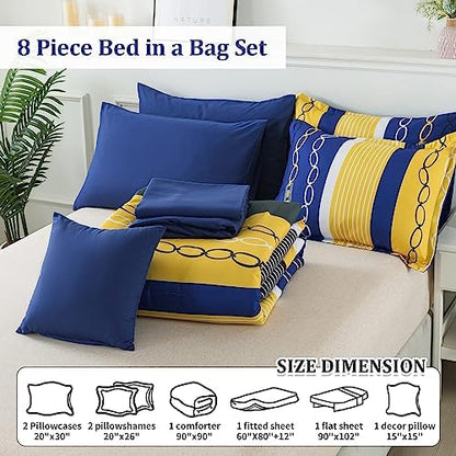 Anibedding 8 Pieces Bed in a Bag,Striped Comforter Set Queen Size