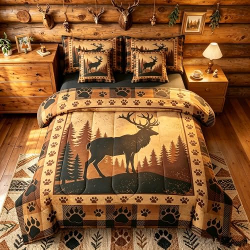 Erosebridal Plaid Deer Bed in A Bag 7 Pcs Vintage Rustic Wildlife Comforter Set for Kids Boys Girls Animal Bear Paw Hunting Bedding Sets Full Countryside Forest Cabin Sheet Set with Comforter