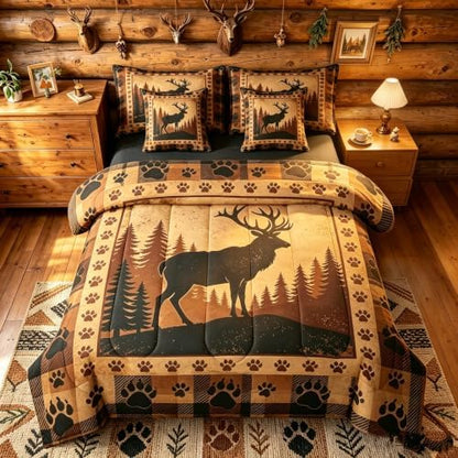 Erosebridal Plaid Deer Bed in A Bag 7 Pcs Vintage Rustic Wildlife Comforter Set for Kids Boys Girls Animal Bear Paw Hunting Bedding Sets Full Countryside Forest Cabin Sheet Set with Comforter