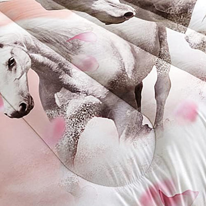HOSIMA Girls Farm Wild Animal Horse Comforter Queen with 2 Pillowcases.