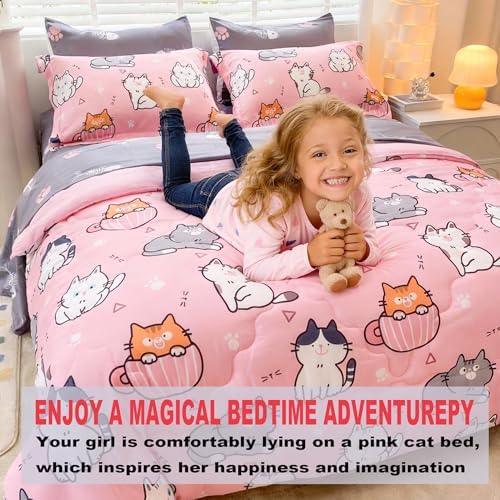 7 Piece Girls Cat Bedding Comforter Set Full Size for Kids Bed in A Bag Pink Cute Light Polyester Pet Cats Bedding Set for Teens and Young Girl