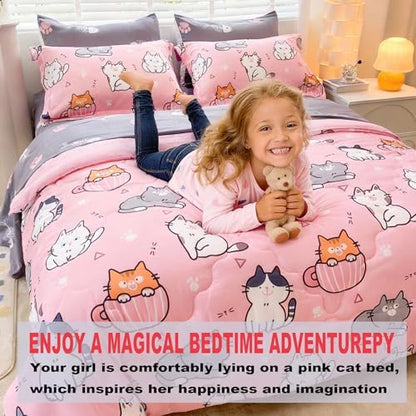 7 Piece Girls Cat Bedding Comforter Set Full Size for Kids Bed in A Bag Pink Cute Light Polyester Pet Cats Bedding Set for Teens and Young Girl