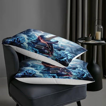 AILONEN 3D Cool Guitar Comforter Set Queen Size, Lightning Rock Music Bedding Set for Boys Teens Adults,Blue Rose Guitar Duvet Set for Bedroom Decor,1 Quilt + 2 Pillowcase,3-Piece