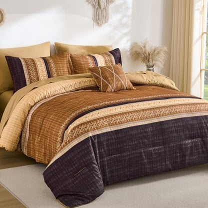 Dintszyayue Boho Queen Comforter Size Set, 8 Pieces Striped Texture Gold Purple Bed in a Bag Sets, Lightweight Soft Bohemian Comforter and Sheet Set, All Season Microfiber Bedding Sets for Men Women