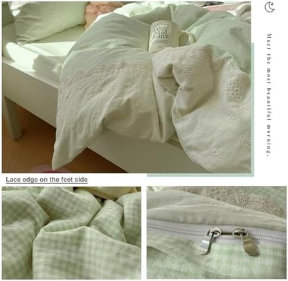VM VOUGEMARKET White Lace Duvet Cover Twin Green Plaid Gingham Duvet Cover with 2 Romantic lace Pillowcases Soft Cozy Grid Bedding Set for Teen Girls