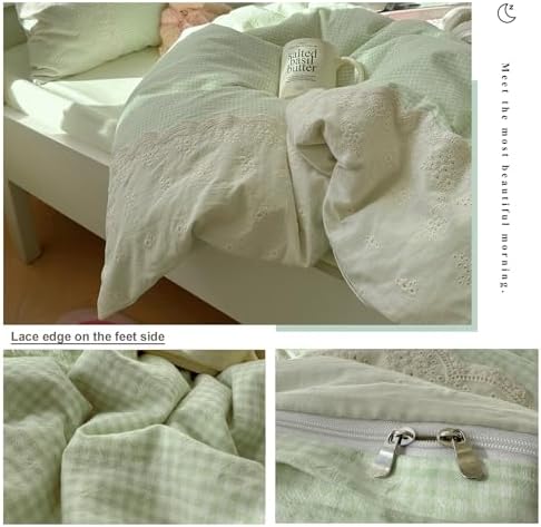 VM VOUGEMARKET Green Gingham Grid Duvet Cover Queen 3 Pieces White Lace Duvet Cover with 2 Pillowcases Green Plaid Comforter Cover Romantic Cozy Bedding Set for Girls